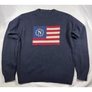Vintage Nautica Men's Navy Blue USA Flag Logo Crewneck Sweater 100% Cotton-Large